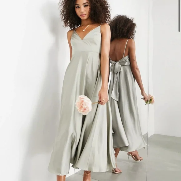 knee length dresses for ladies Rent ASOS DESIGN Embroidered Satin Midi Dress With Frill Waist In Navy main image 1